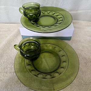 Vintage Indiana Glass Snack 2 Plates & Cups Kings Crown Thumbprint Avocado Green